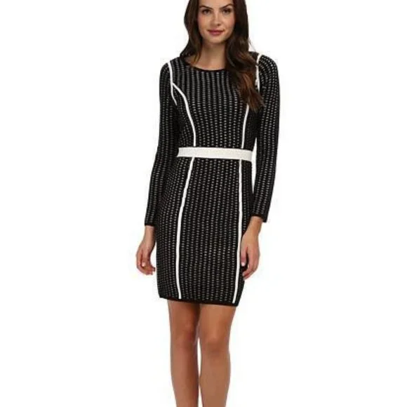 Calvin Klein | Dresses | Calvin Klein Ms Sz Medium Black Ivory Textured  Mesh Long Sleeve Sweater Dress | Poshmark